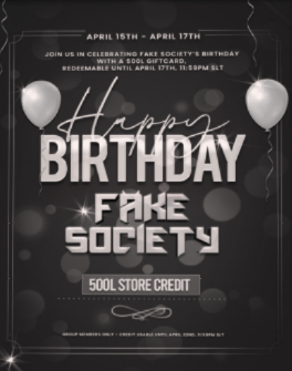 FREE!!! Group Join, 500L$ Store Credit, 20+ Gifts, and More at Fake&nbsp;Society